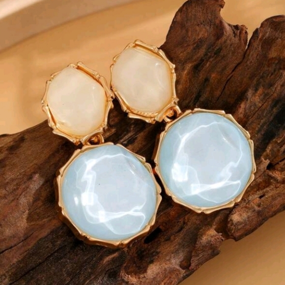 NEW! Gold Plated Resin Water Clear Blue & White Dangle Drop Post Earrings - Picture 1 of 5